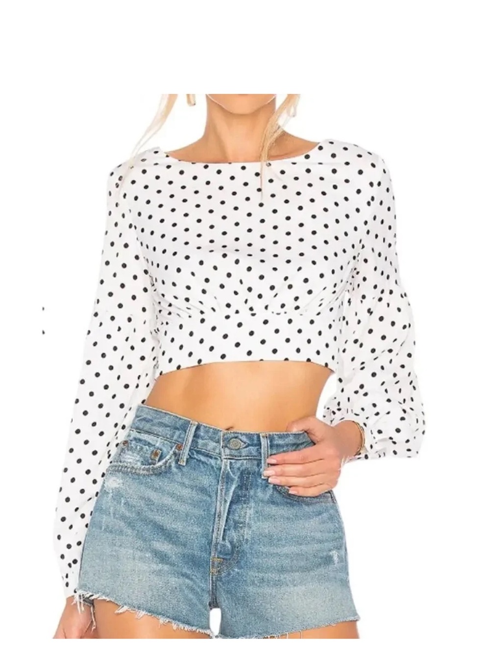 Superdown White Polka Dot Long-Sleeve Crop Top